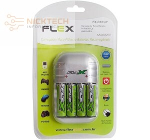 CARREGADOR DE PILHAS FLEXGOLD AA/AAA/9V FX-C03-4P C/ 4 PILHAS AA (R#)
