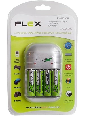 CARREGADOR DE PILHAS FLEXGOLD AA/AAA/9V FX-C03-4P C/ 4 PILHAS AA (R#)