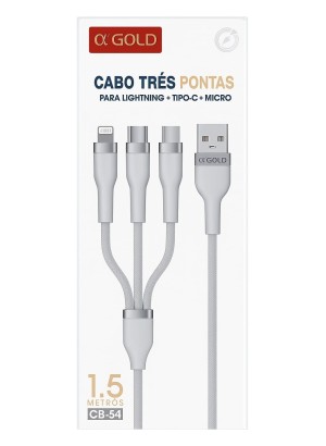 CABO 3 PONTAS LIGHTNING-TIPO C-MICRO 1.5M CB-54 AGOLD (R#)