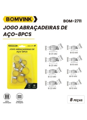 JOGO ABRAÇADEIRAS DE AÇO 8 PEÇAS BOM-2711 (R#)