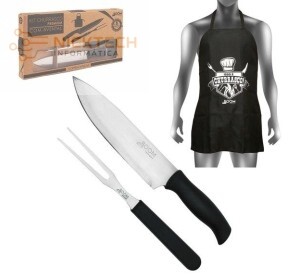 KIT CHURRASCO PREMIUM - 3 PEÇAS GARFO, FACA E AVENTAL